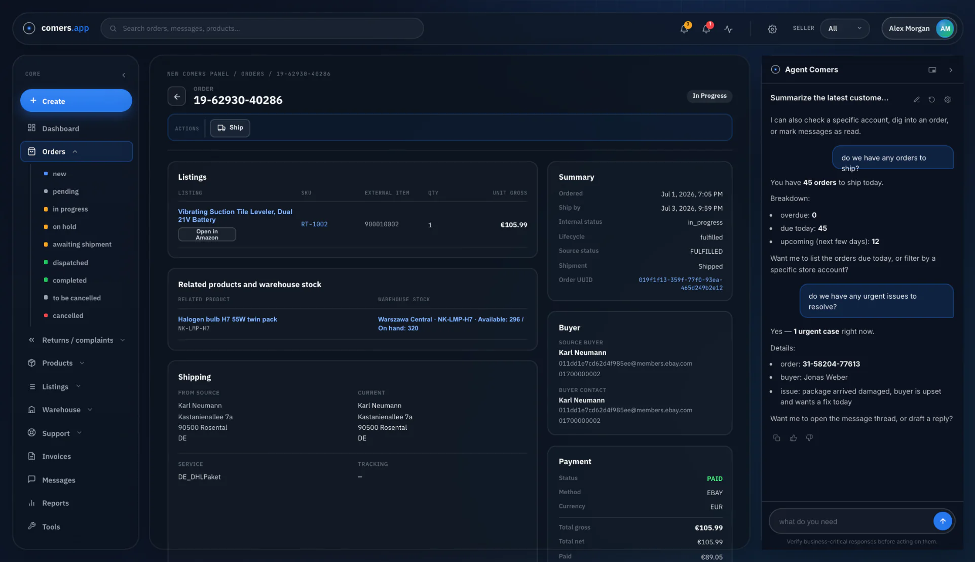 Comers order detail view with listings, related products and warehouse stock, shipping, order summary, buyer and payment