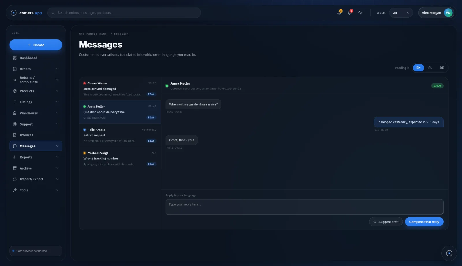 Agent Comers closed to a floating action button