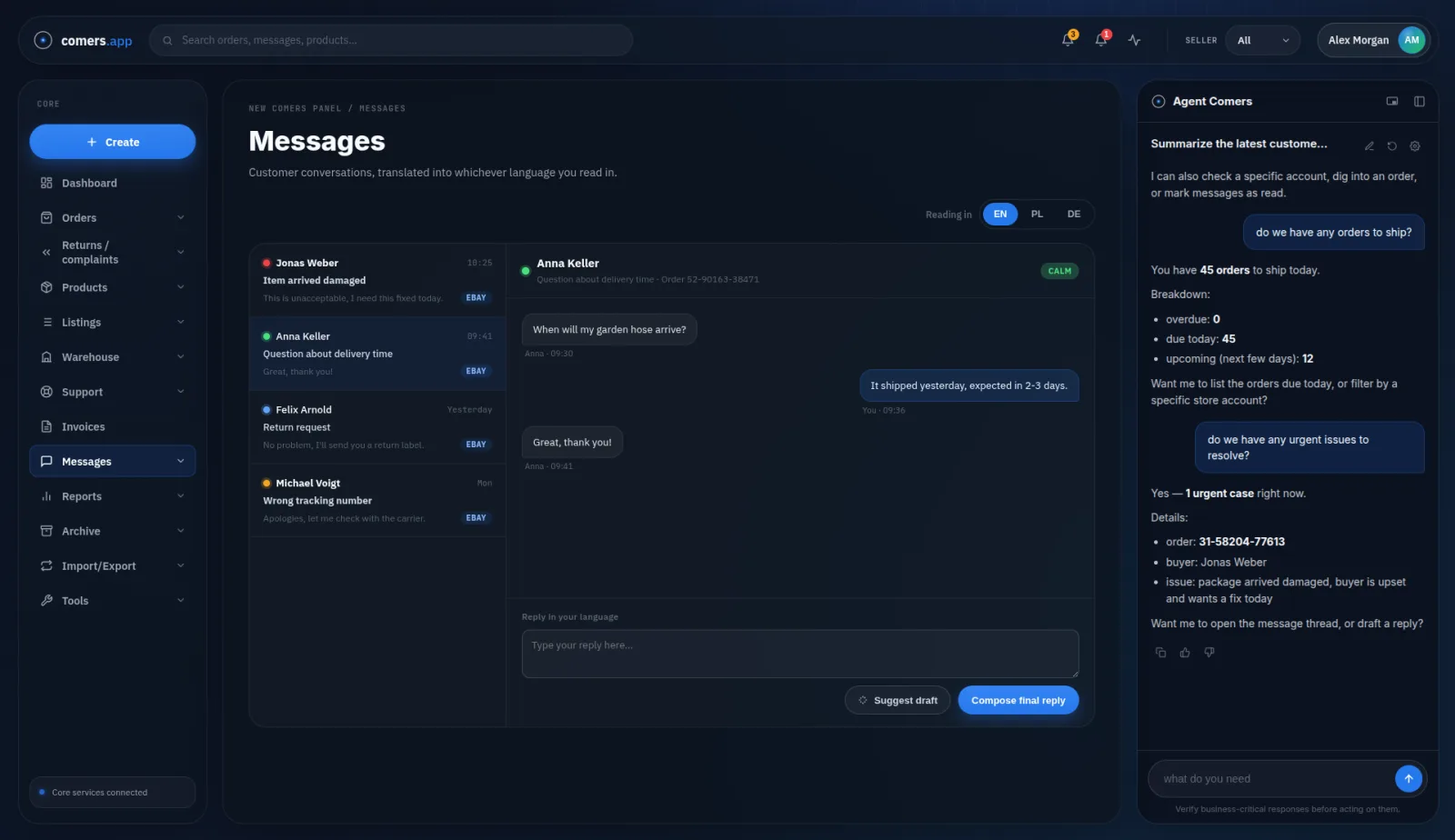 Comers platform messages and AI agent
