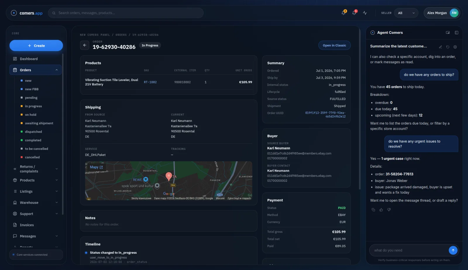 Comers platform — order detail view