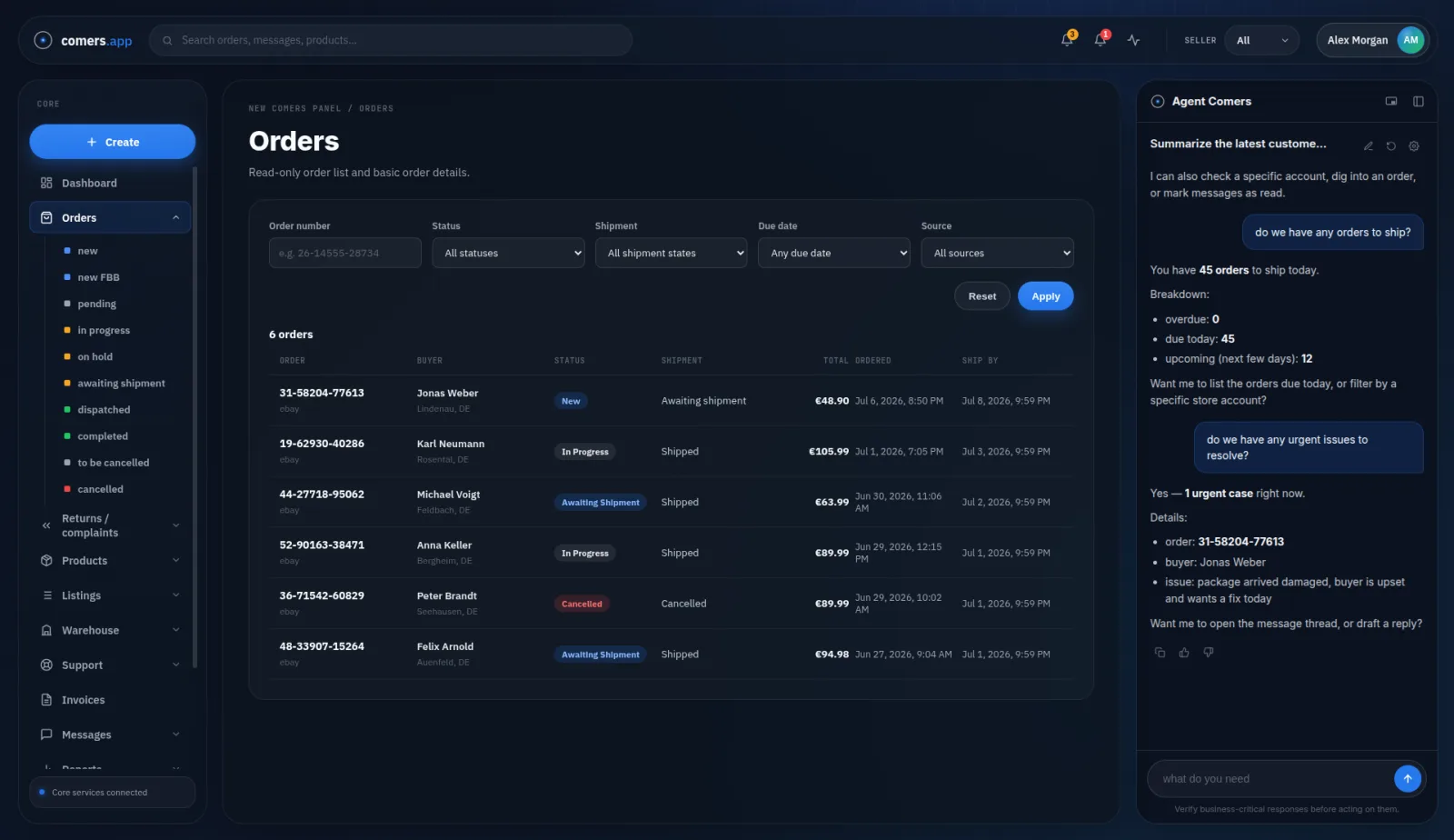 Comers platform orders